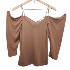 H&M Clothes Neutral Brown Off Shoulder Draped Sleeve Spaghetti Strap Blouse Top